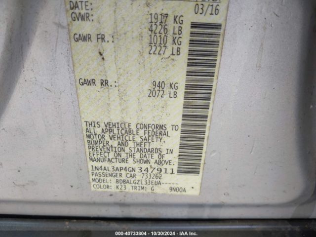 1N4AL3AP4GN347911 Nissan Altima 2.5/2.5 S/2.5 Sl/2.5 Sr/2.5 Sv