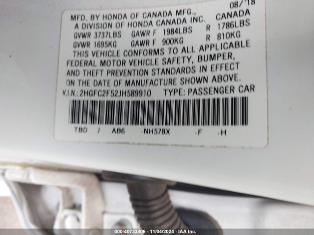 Honda Civic Lx 2018 2HGFC2F52JH589910 Image 9