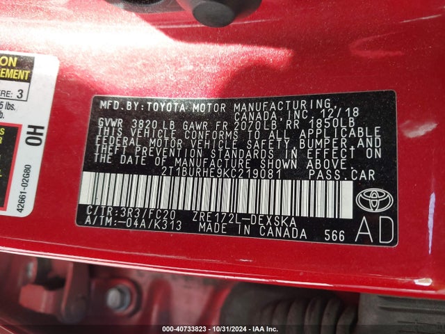 2T1BURHE9KC219081 Toyota COROLLA SE