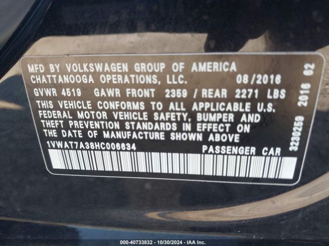 1VWAT7A38HC006634 Volkswagen Passat 1.8t S