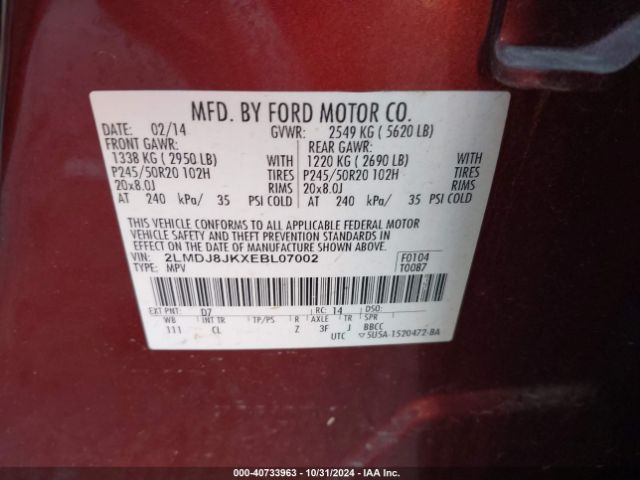 2LMDJ8JKXEBL07002 Lincoln MKX