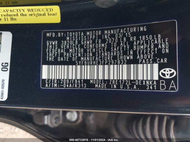 5YFBURHE3FP297832 Toyota Corolla Le Plus