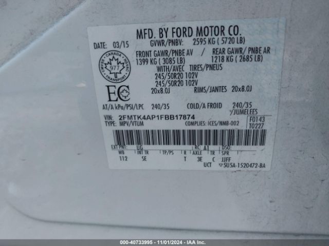 2FMTK4AP1FBB17874 Ford EDGE SPORT