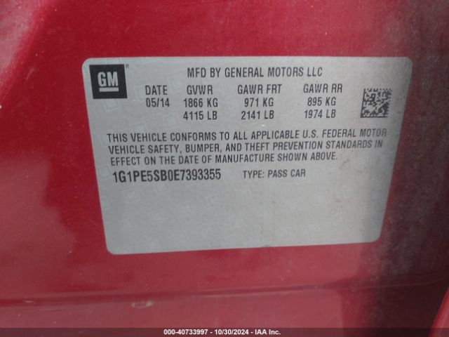 1G1PE5SB0E7393355 Chevrolet Cruze 2lt Auto