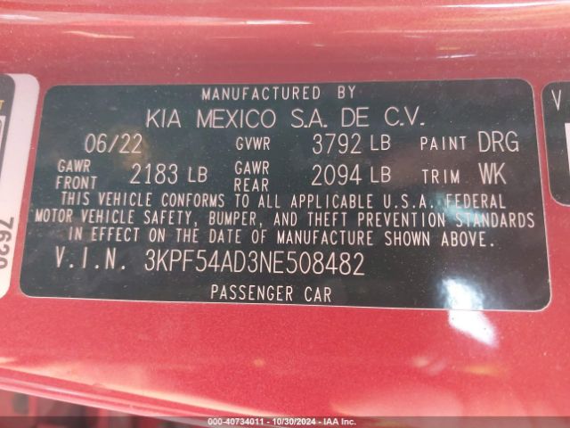 3KPF54AD3NE508482 KIA Forte Gt-line