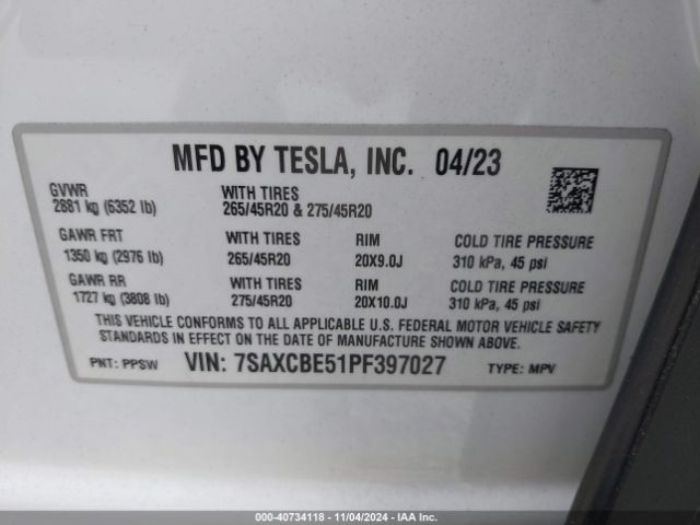 7SAXCBE51PF397027 Tesla Model X Dual Motor All-wheel Drive/standard Range