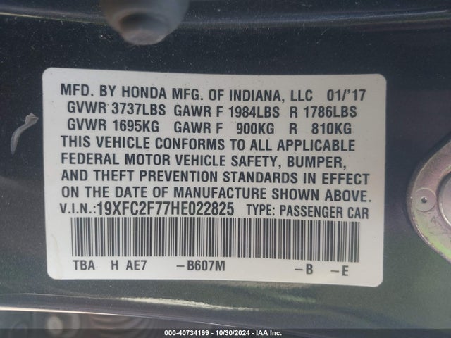Honda CIVIC EX 2017 19XFC2F77HE022825 Image 9