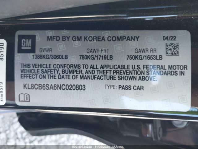 KL8CB6SA6NC020803 Chevrolet Spark Fwd Ls Automatic
