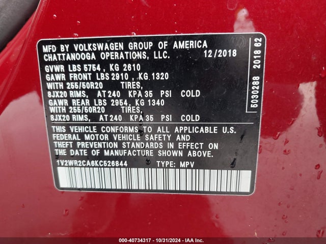 1V2WR2CA6KC526844 Volkswagen Atlas 3.6l V6 Se W/technology