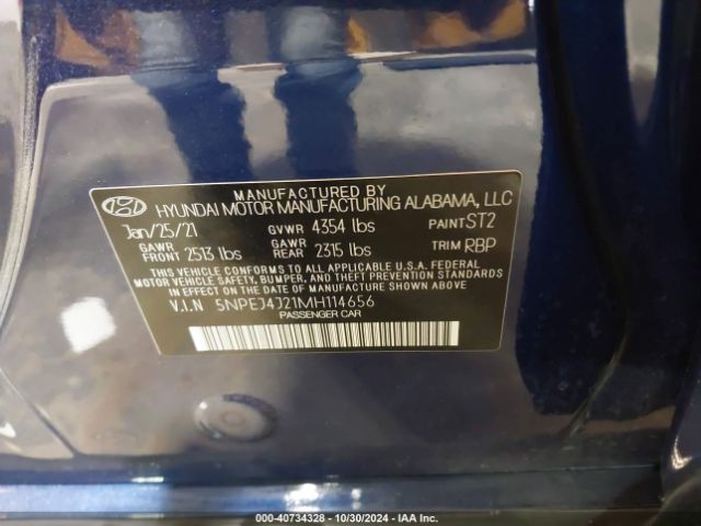5NPEJ4J21MH114656 Hyundai Sonata Sel Plus