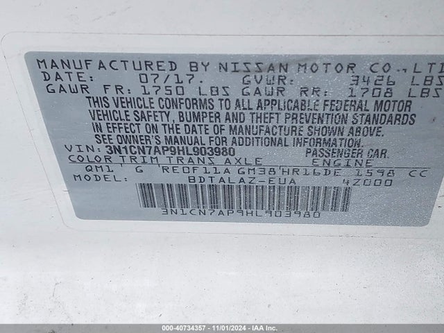 Nissan Versa 1.6 S+ 2017 3N1CN7AP9HL903980 Image 9