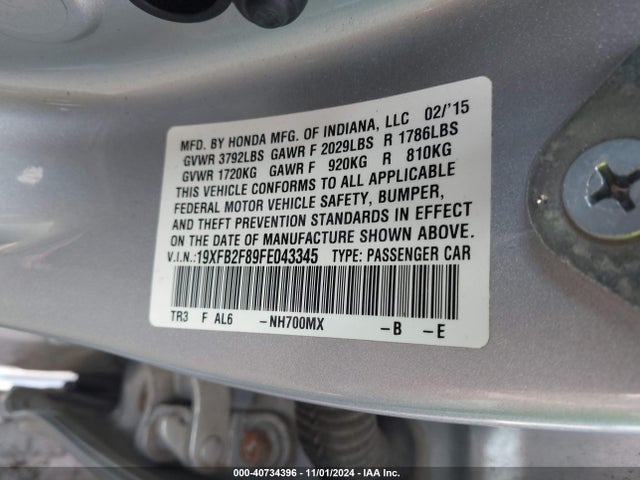 Honda CIVIC EX 2015 19XFB2F89FE043345 Image 9