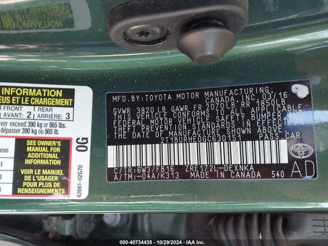 Toyota COROLLA LE 2016 2T1BURHE0GC630151 Image 9
