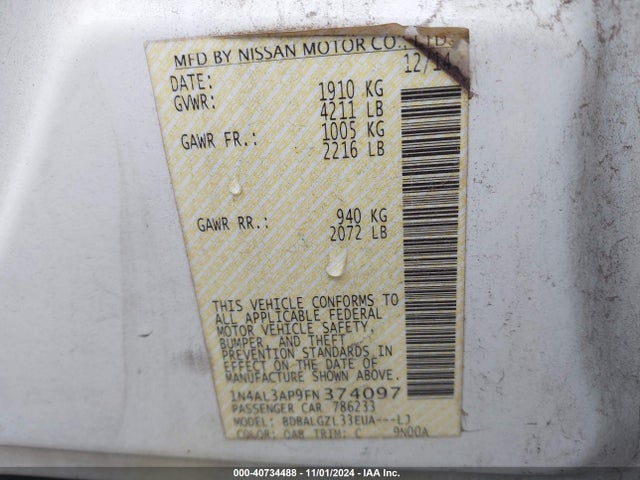Nissan Altima 2.5 S 2015 1N4AL3AP9FN374097 Image 9