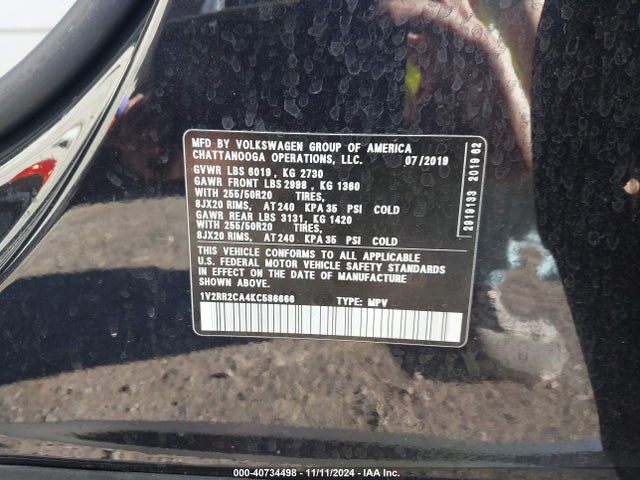 1V2RR2CA4KC586666 Volkswagen Atlas 3.6l V6 Sel R-line