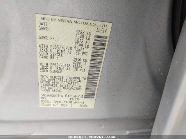5N1AA0NC3FN605478 Nissan Armada Platinum/sl/sv