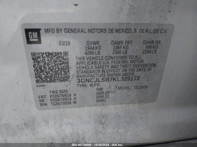 3GNCJLSB7KL329172 Chevrolet Trax Lt