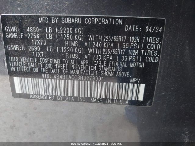 4S4BTACC3R3279091 Subaru Outback Premium