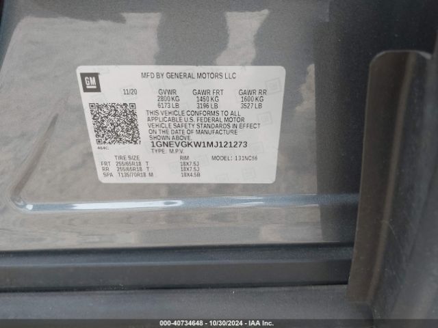 1GNEVGKW1MJ121273 Chevrolet Traverse Awd Lt Cloth