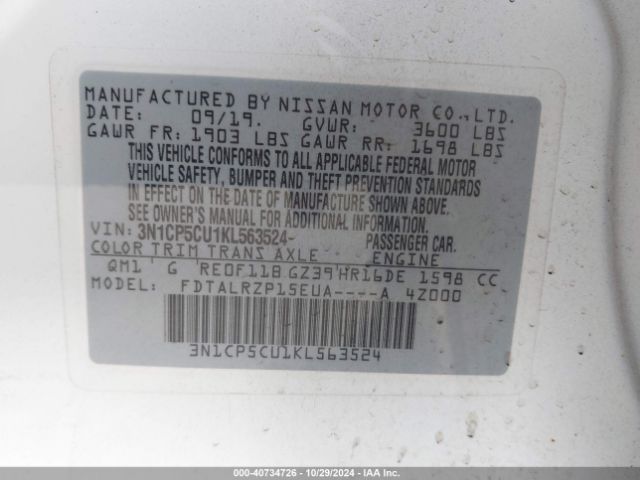 3N1CP5CU1KL563524 Nissan KICKS S