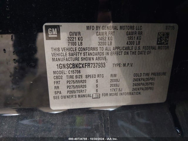 Chevrolet Tahoe Lt 2015 1GNSCBKCXFR737933 Image 9