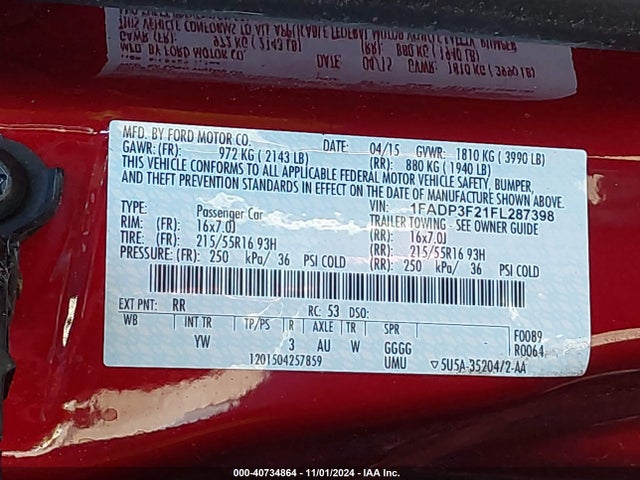 2015 Ford Focus Se მანქანა იყიდება აუქციონზე, vin: 1FADP3F21FL287398, აუქციონის ნომერი: 40734864