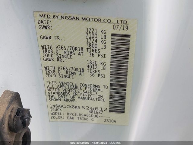1N6AA1CK8KN526612 Nissan TITAN S