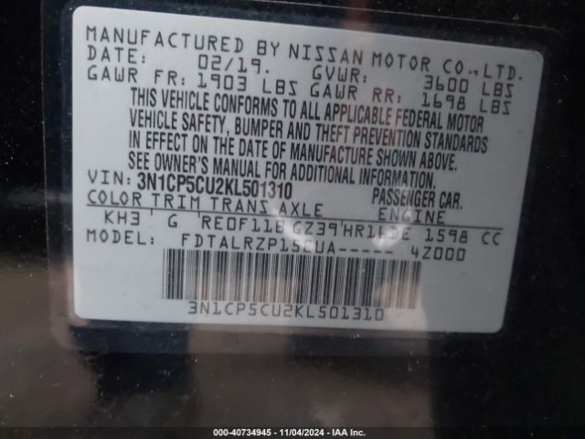3N1CP5CU2KL501310 Nissan KICKS S