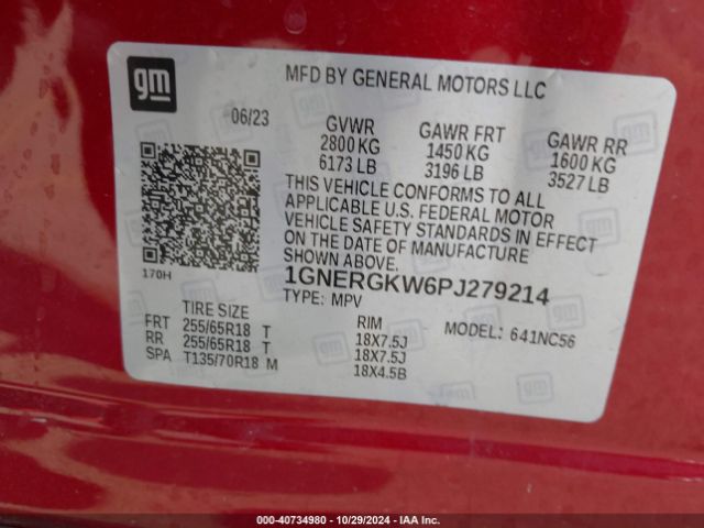 1GNERGKW6PJ279214 Chevrolet Traverse Fwd Lt Cloth