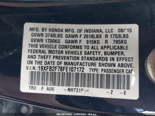 Honda CIVIC SE 2015 19XFB2F78FE107172 Image 9