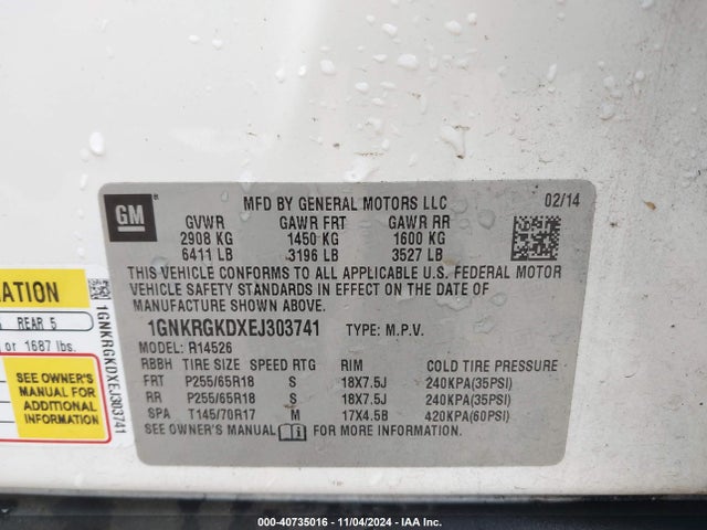 Chevrolet Traverse 1lt 2014 1GNKRGKDXEJ303741 Image 9