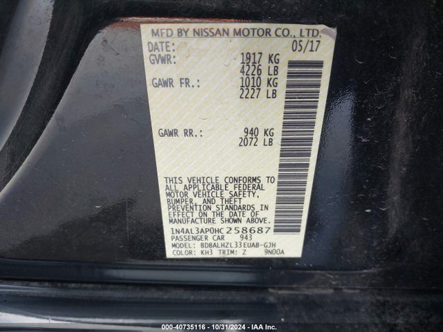 Nissan Altima 2.5 Sr 2017 1N4AL3AP0HC258687 Image 9