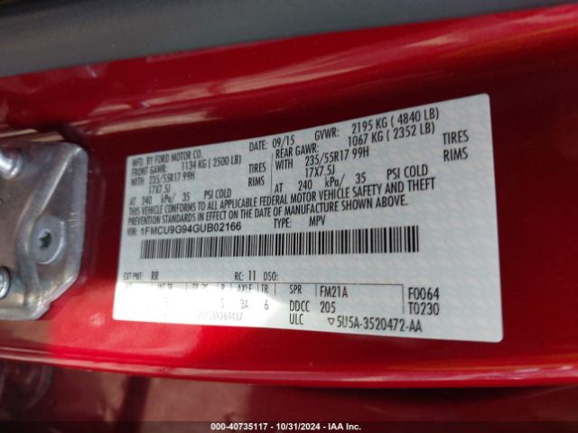 1FMCU9G94GUB02166 Ford ESCAPE SE