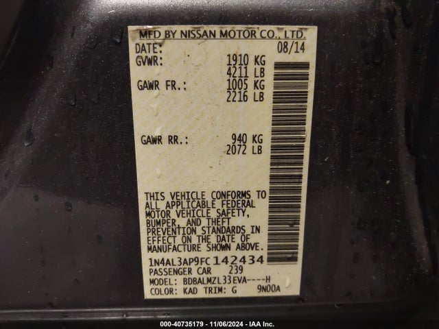 Nissan Altima 2.5 Sv 2015 1N4AL3AP9FC142434 Image 9
