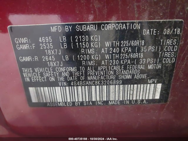 Subaru Outback 2.5i Limited 2019 4S4BSANC8K3206899 Image 9