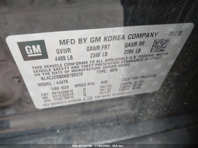 Buick luv: mfi, variable valve timing, alum, e85 max 2019 KL4CJ2SB0KB789370 Image 9
