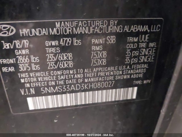 5NMS33AD3KH080027 Hyundai Santa Fe Sel Plus