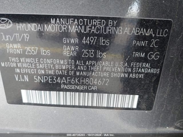 5NPE34AF6KH804672 Hyundai SONATA SEL