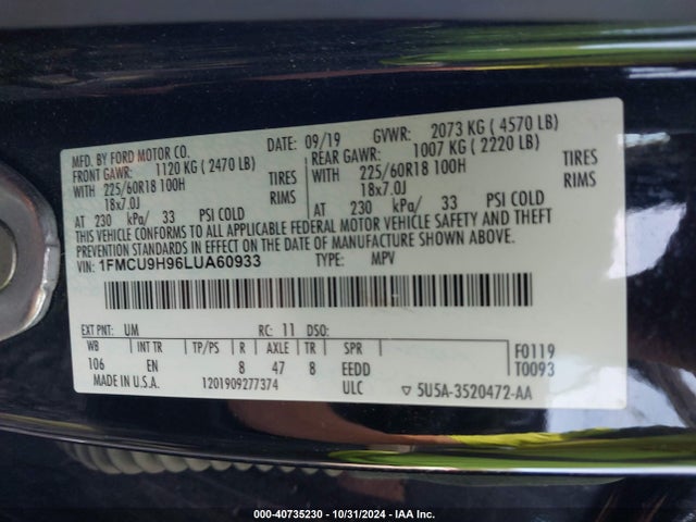 Ford ESCAPE SEL 2020 1FMCU9H96LUA60933 Image 9
