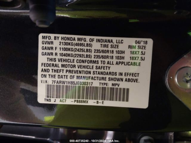 7FARW1H85JE030317 Honda Cr-v Ex-l/ex-l Navi