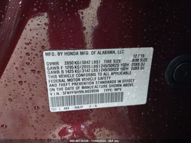 5FNYF6H99LB039098 Honda Pilot Awd Touring 8 Passenger