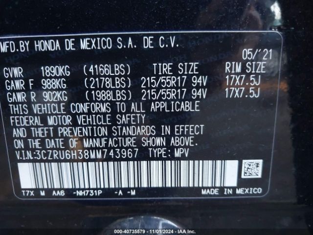 3CZRU6H38MM743967 Honda Hr-v Awd Lx