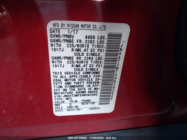 Nissan Rogue Sl 2017 JN8AT2MT5HW392885 Image 9