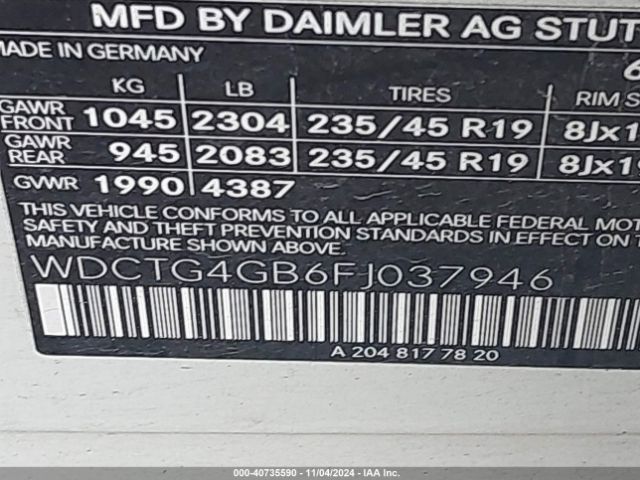 WDCTG4GB6FJ037946 Mercedes-Benz Gla 250 4matic