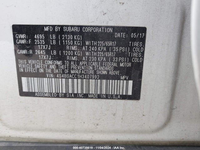 Subaru Outback 2.5i Premium 2017 4S4BSACC1H3407992 Image 9