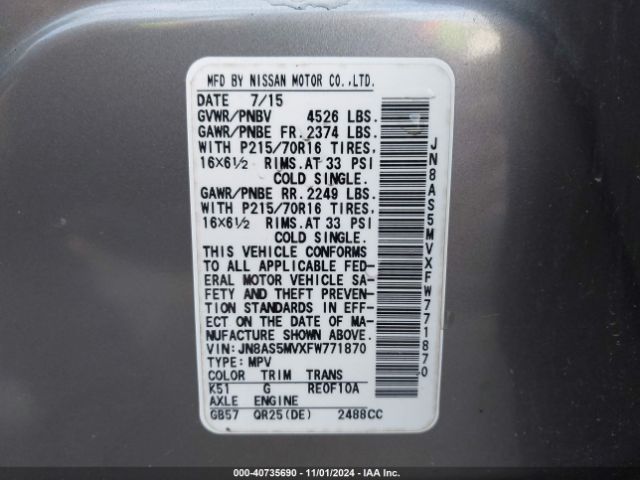 JN8AS5MVXFW771870 Nissan Rogue Select S