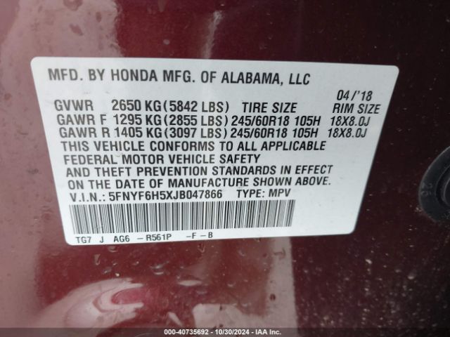 5FNYF6H5XJB047866 Honda Pilot Ex-l