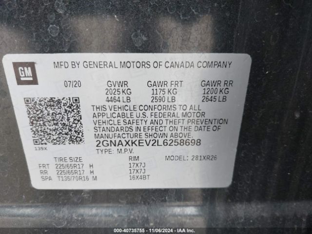 2GNAXKEV2L6258698 Chevrolet Equinox Fwd Lt 1.5l Turbo
