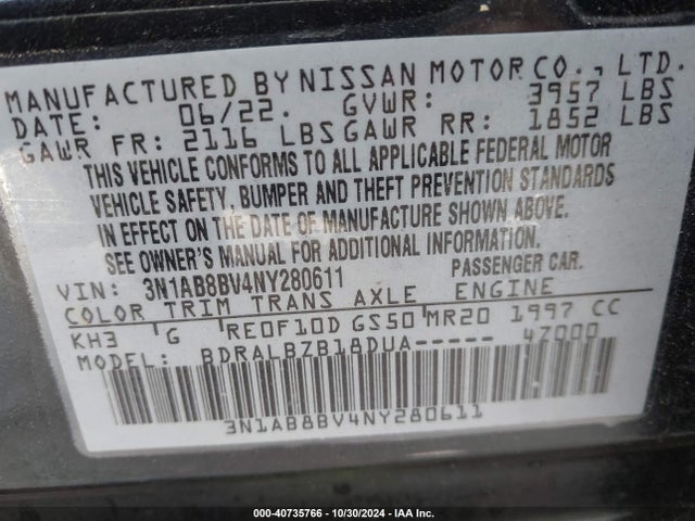 Nissan Sentra S Xtronic Cvt 2022 3N1AB8BV4NY280611 Image 9