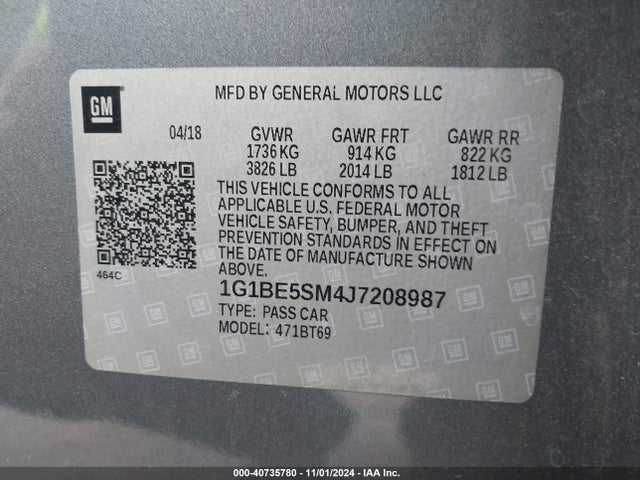 Продаж на аукціоні авто 2018 Chevrolet Cruze Lt Auto, vin: 1G1BE5SM4J7208987, номер лоту: 40735780